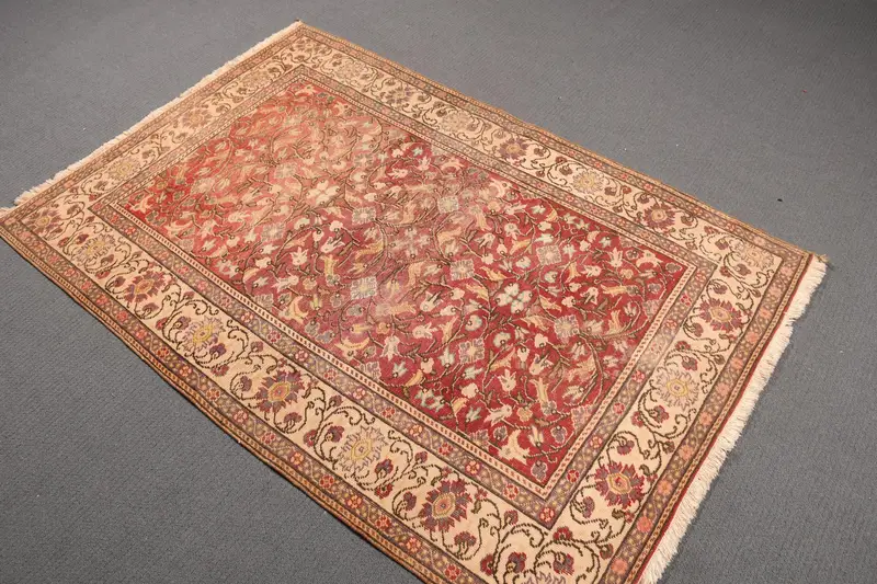 3.7x5.4 ft Accent Turkish Rug, Vintage Rug, Red Brown Floral Wool Rug - 1