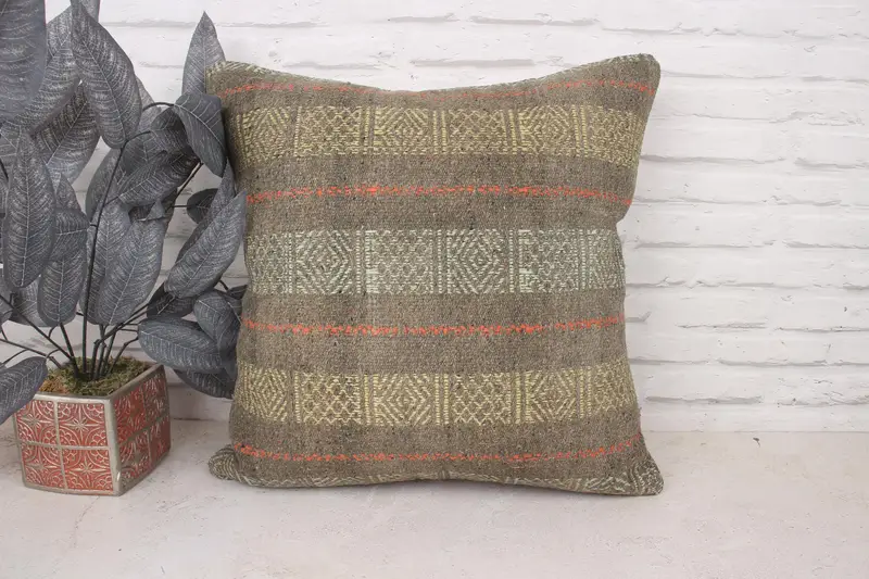 Nomadic Cushion Case, Boho Pillow, 20x20 Yellow Pillow Cover, Handwoven Pillow, Pillow Case, Handmade Pillow, Antique Pillows, Throw Kilim Pillow - 1