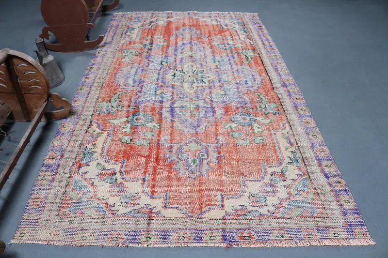 Vintage Türk Büyük Halı 5.4x9 ft, Kırmızı Mavi İkat Halı - 1