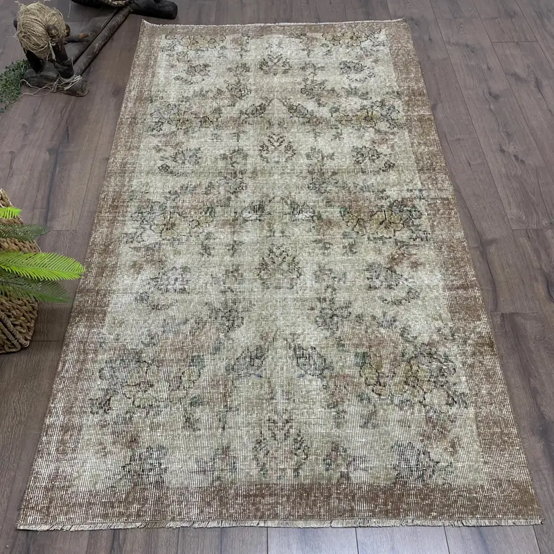 3.7x6.6 ft Turkish Area Rug, Brown Green Vintage Floral Wool Rug - 1