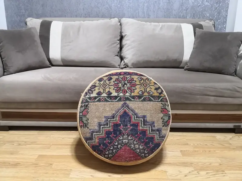 Rectangular Kilim-Inspired Pouf, Handmade Wool Ottoman Pouf