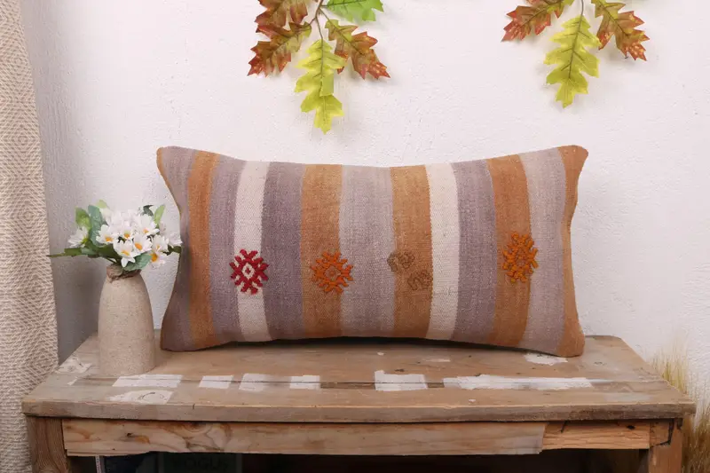 Pattern Throw Cushion, Pillow, Vintage Kilim Throw Pillow, 12x24 Brown Pillow, Turkish Kilim Pillow, Sofa Pillow Cover, Throw Kilim Pillow - 1