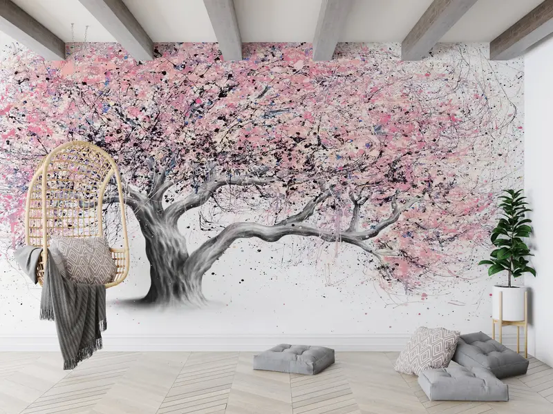 Papel pintado elegante con estampado de árbol rosa: diseño abstracto moderno