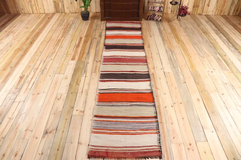Vintage Runner Rug 2.5x11 ft, Turkish Kilim Red Striped Wool Rug - 1