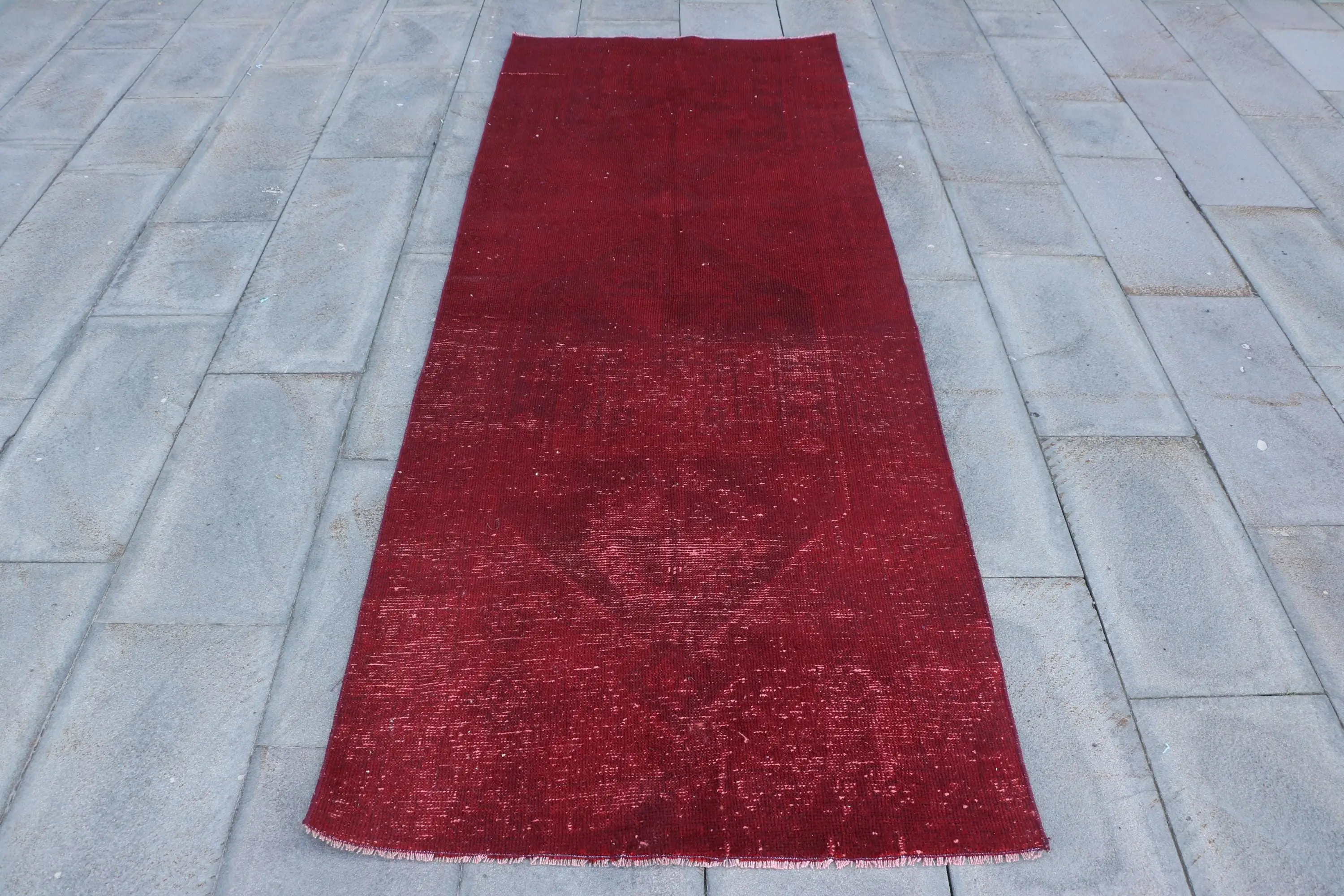 Vintage 3.1x8 ft Rug, Runner Turkish Rug, Red White Check Rug - 1