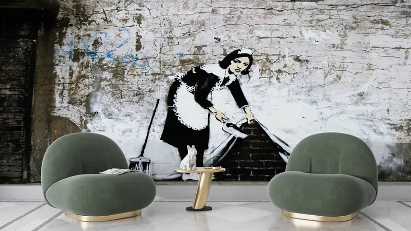 Papel pintado impreso con graffiti de barrido de mucama elegante - Decoración artística del hogar