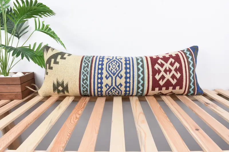 Turkish Pillow, Bohemian Cushion Pillow Sham, Handmade Kilim Cushion, Cushion Cover, 12x36 Beige Pillow, Ethnical Kilim Rug Pillow - 1