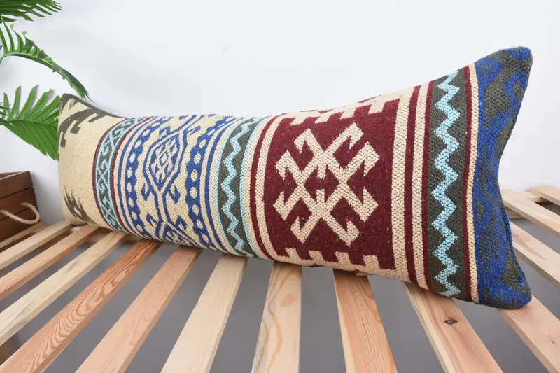 Turkish Pillow, Bohemian Cushion Pillow Sham, Handmade Kilim Cushion, Cushion Cover, 12x36 Beige Pillow, Ethnical Kilim Rug Pillow - 5