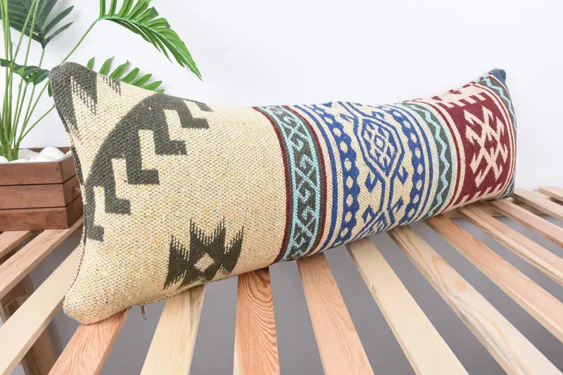 Turkish Pillow, Bohemian Cushion Pillow Sham, Handmade Kilim Cushion, Cushion Cover, 12x36 Beige Pillow, Ethnical Kilim Rug Pillow - 4