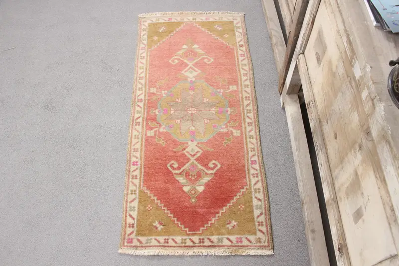 Handmade Red Abstract Rug, 0.1x3.4 ft with Green Accents