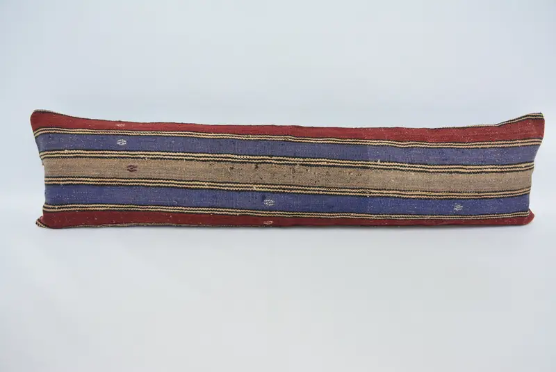 Almohada de tiro de rayas azules y rojas, cojín hecho a mano de 12x48