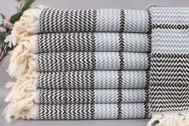 Personalized Turkish Beach Towel Black-Blue Diamond Stripes, 40x79 Inches