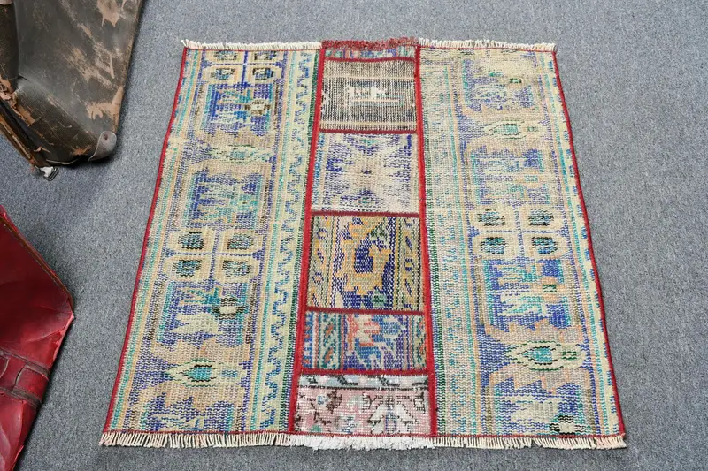 2.6x2.7 ft Vintage Halı, Türk Küçük Halı, Mavi Güneybatı Yün Halı - 1