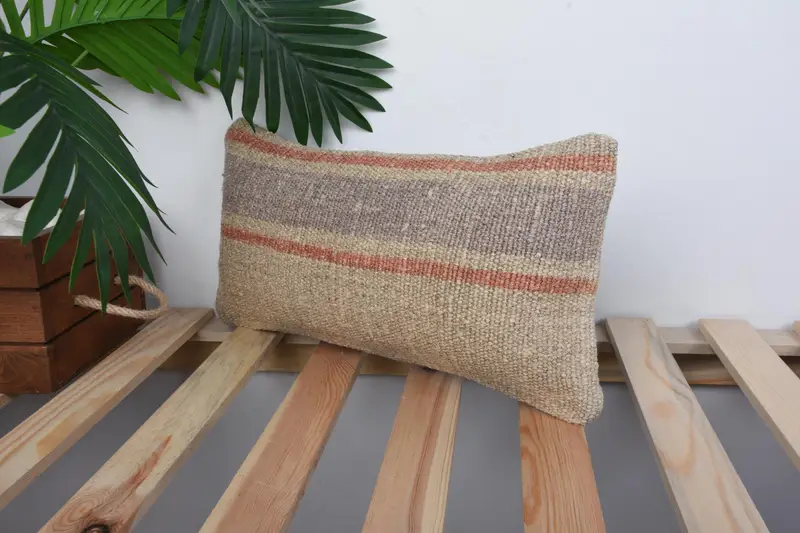 Cushion, Throw Kilim Pillow, Nautical Throw Cushion Case, 8x16 Beige Cushion Cover, Turkish Kilim Pillow, Boho Pillow - 5
