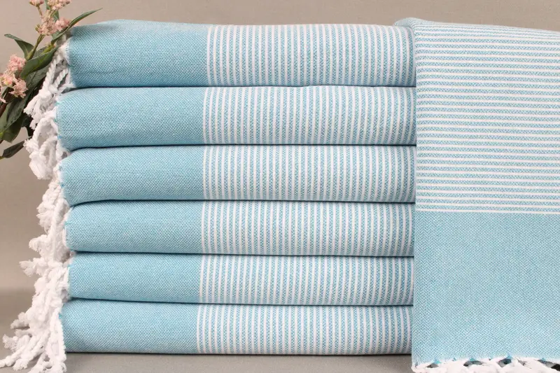 Embroidered Dish Towel Monogram Hand Towel Turquoise Beige Stripes, 18x40 Inches