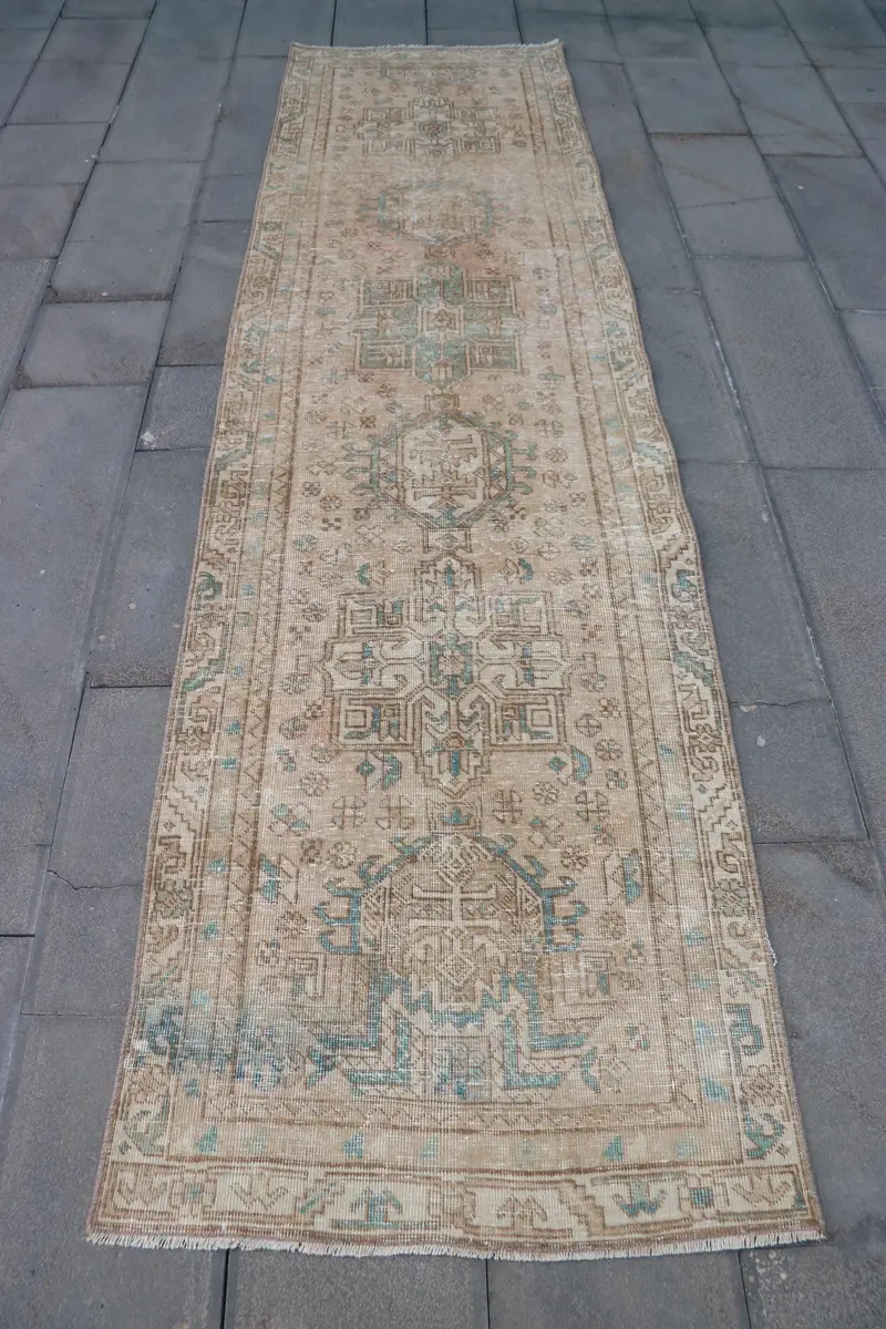 Turkish Vintage Rug 2.8x10.6 ft, Brown Oushak Ombré Rug - 1