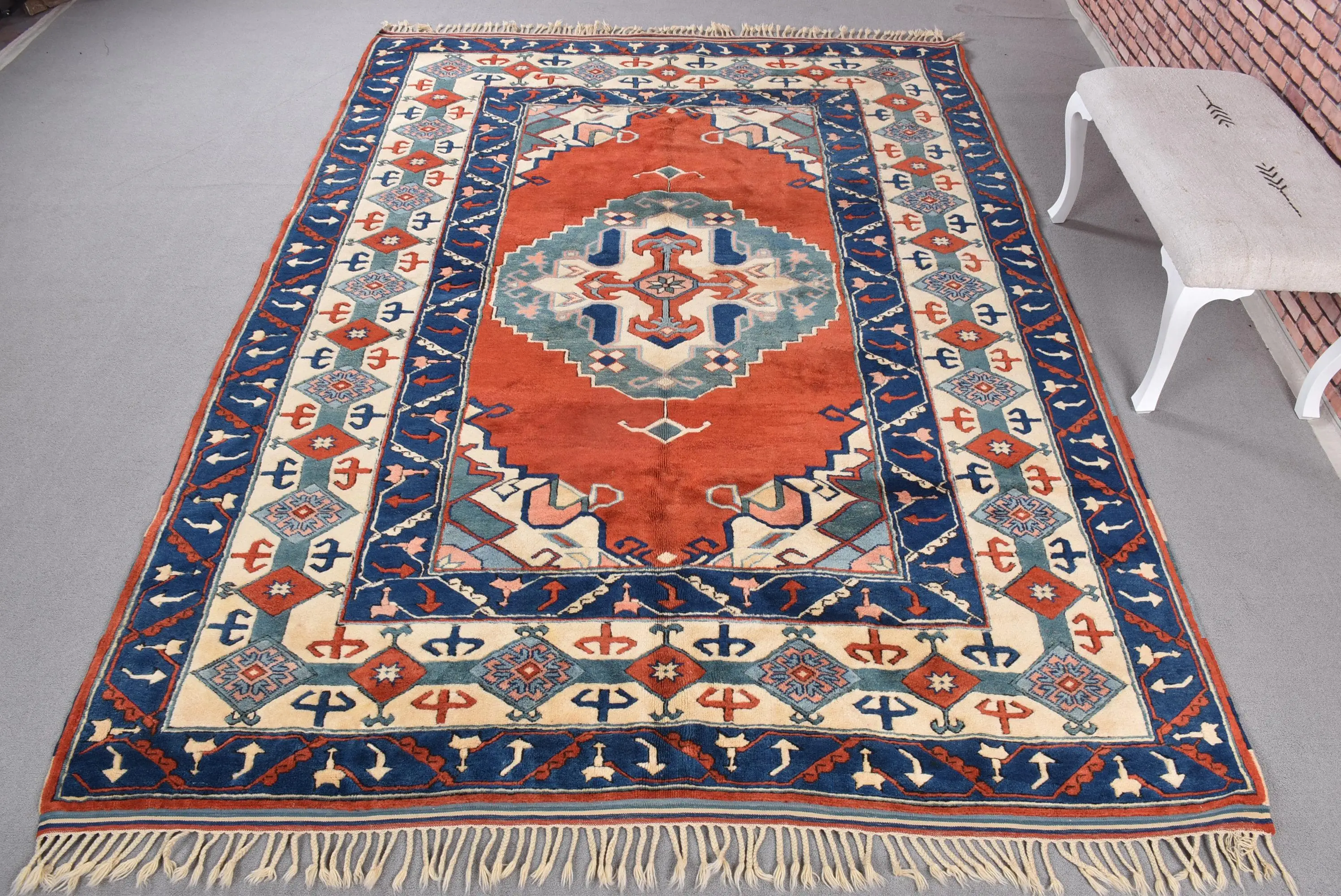 Vintage Turkish Oversize Rug 7.3x10 ft, Blue Red Southwestern Rug - 1