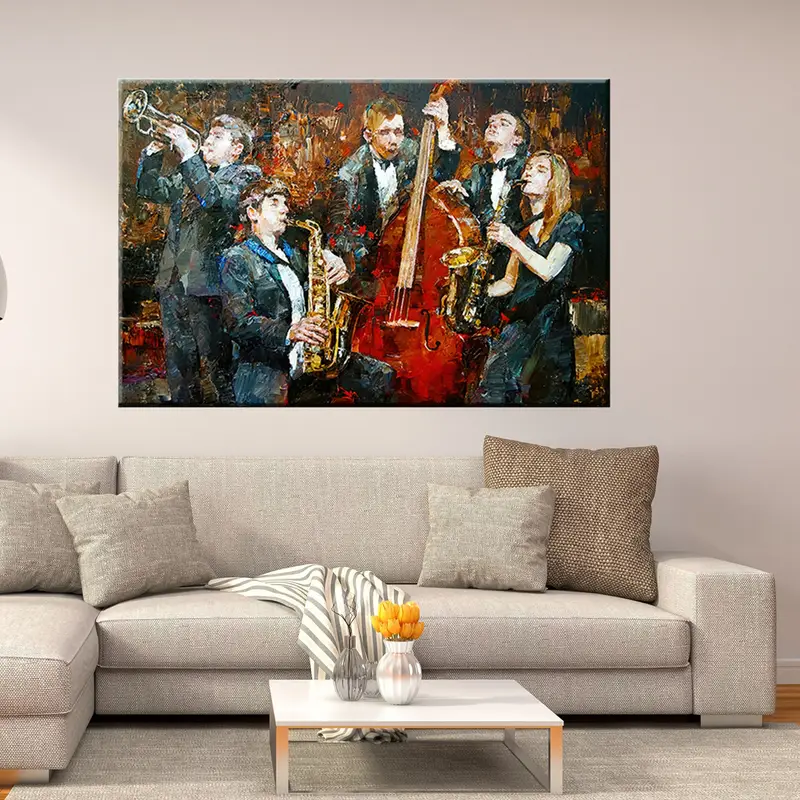 Orkestra tuval sanatı, soyut duvar sanatı, yağlı boya, müzik duvar sanatı, caz yağlı boya, caz poster, caz kulübü dekor, ekstra büyük duvar sanatı - 3