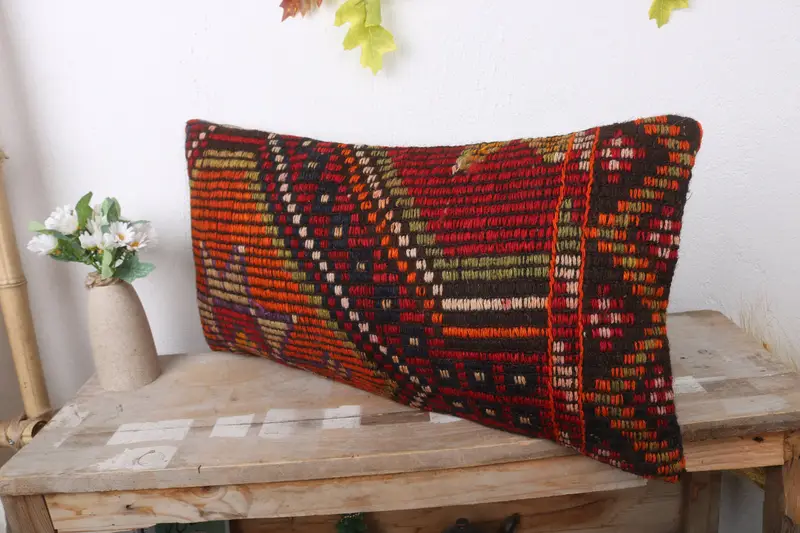 Kilim Pillow Cover, Pillow Sham, Wool Kilim Pillow Cushion, Pillow for Sofa, 12x24 Red Cushion Case, Ethnical Kilim Rug Pillow - 4