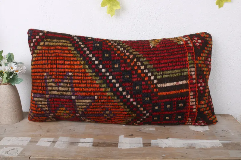 Kilim Pillow Cover, Pillow Sham, Wool Kilim Pillow Cushion, Pillow for Sofa, 12x24 Red Cushion Case, Ethnical Kilim Rug Pillow - 2