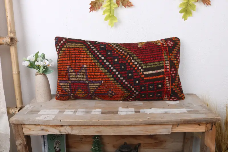Kilim Pillow Cover, Pillow Sham, Wool Kilim Pillow Cushion, Pillow for Sofa, 12x24 Red Cushion Case, Ethnical Kilim Rug Pillow - 1