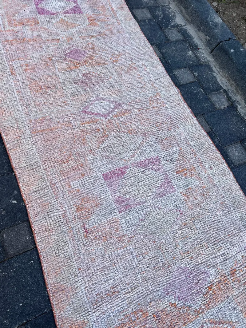 Vintage Turkish Rug, 2.8x10.5 ft Herki Rug, Orange Oriental Wool Rug - 1