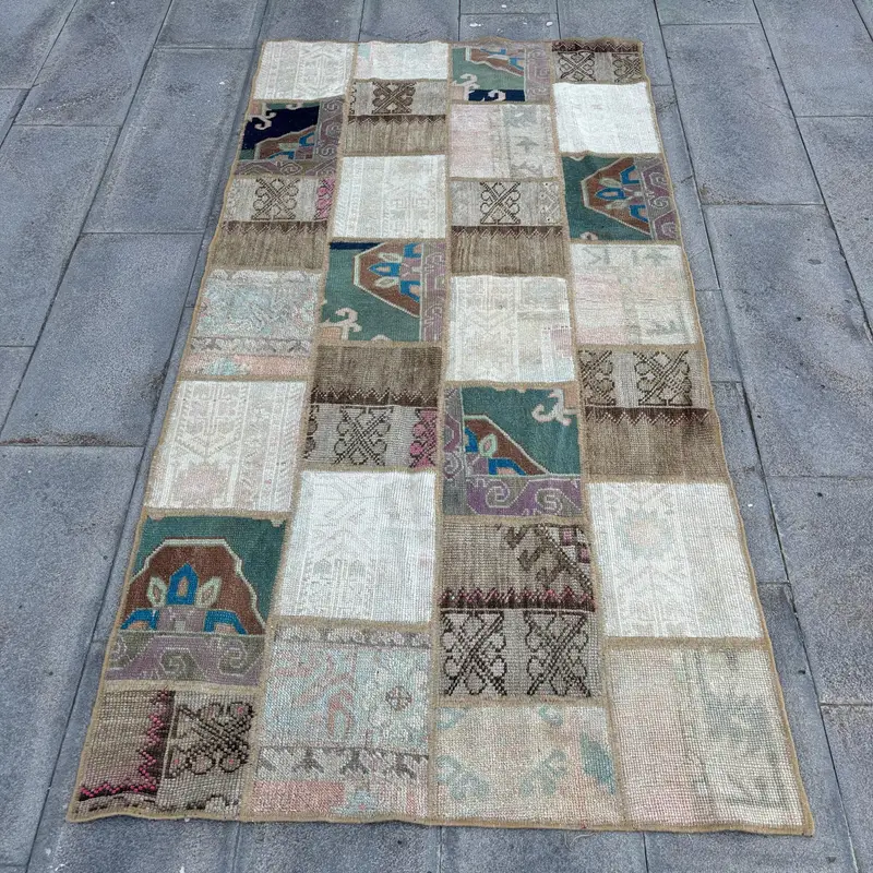 3.6x7.1 ft Turkish Area Rug, Brown Blue Vintage Abstract Wool Rug - 1
