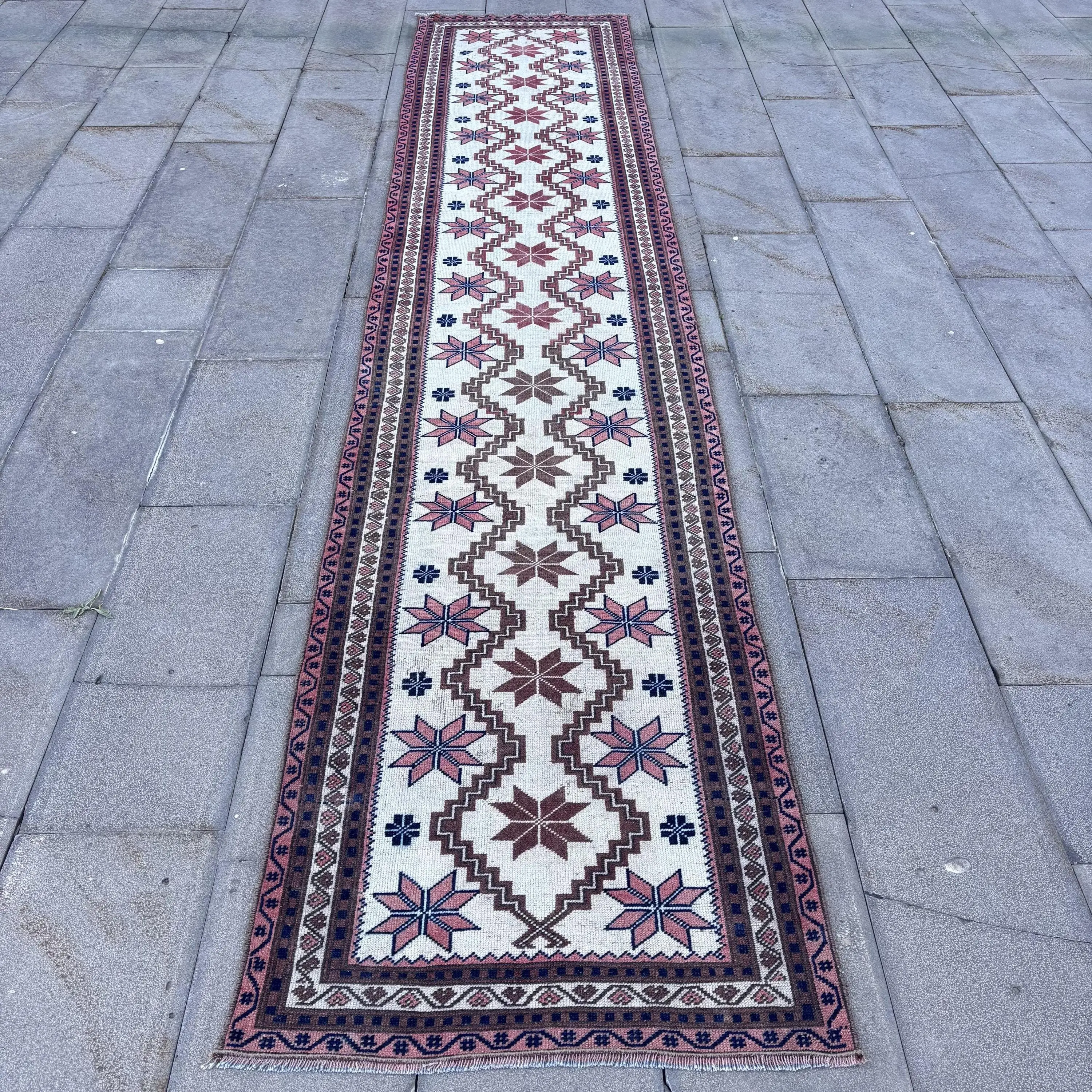 Turkish Vintage Rug 2.6x12.4 ft (79x377 cm), Blue Animal Print Wool Rug - 1
