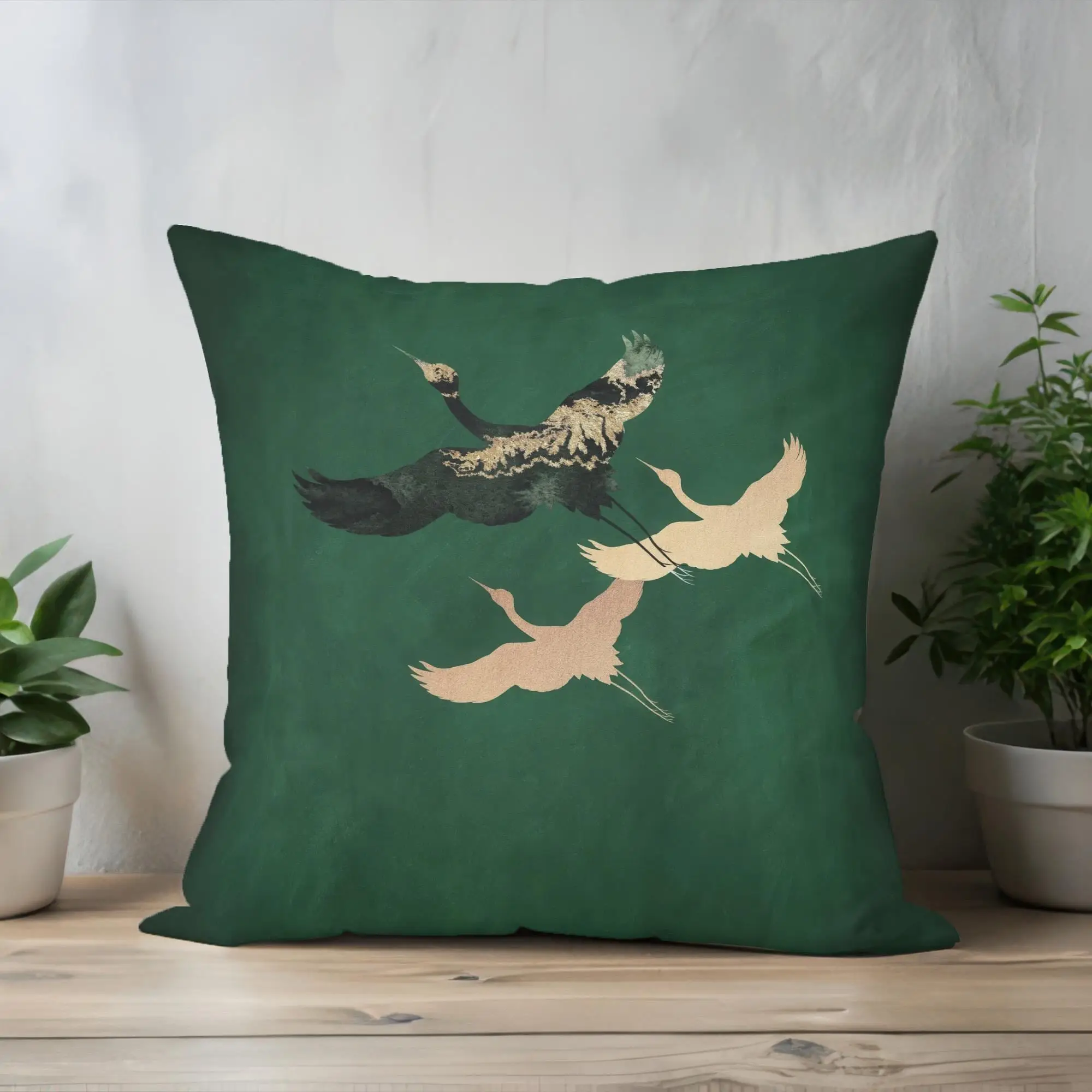 Crane Motif Printed Pillow: Modern Japanese Minimal Home Accent - 1
