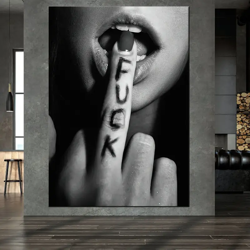 Lips Black and White Print, Aesthetic Lips Canvas, Woman Lips Canvas, Rebel Girl Wall Art, Sexy Lips Painting, Rebellious Woman Wall Decor - 2