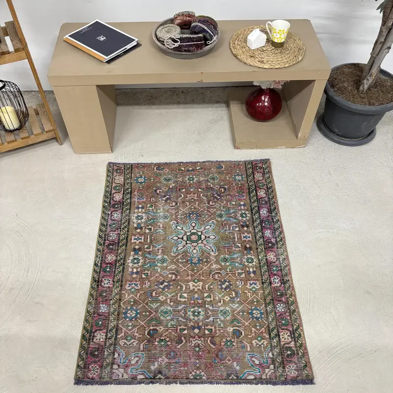Turkish Vintage Rug, Small 2.9x3.7 ft (88x112 cm) Rug, Brown Check Wool Rug - 1