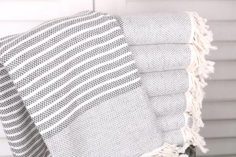 Striped Towel Handmade Black Organic Cotton, 40x75 Inches