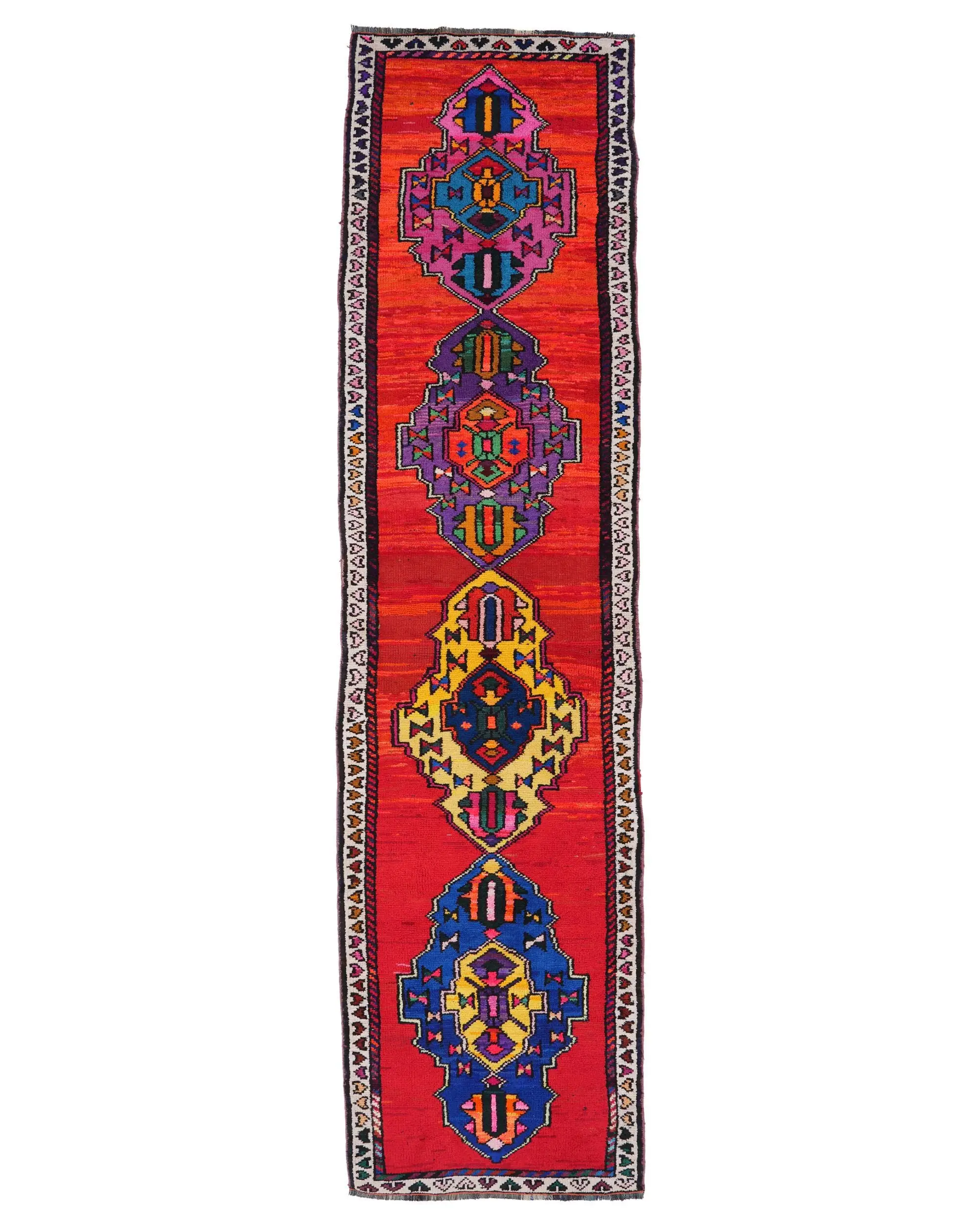3x11.6 ft Vintage Turkish Rug, Runner Rug, Red Blue Floral Wool Rug - 1