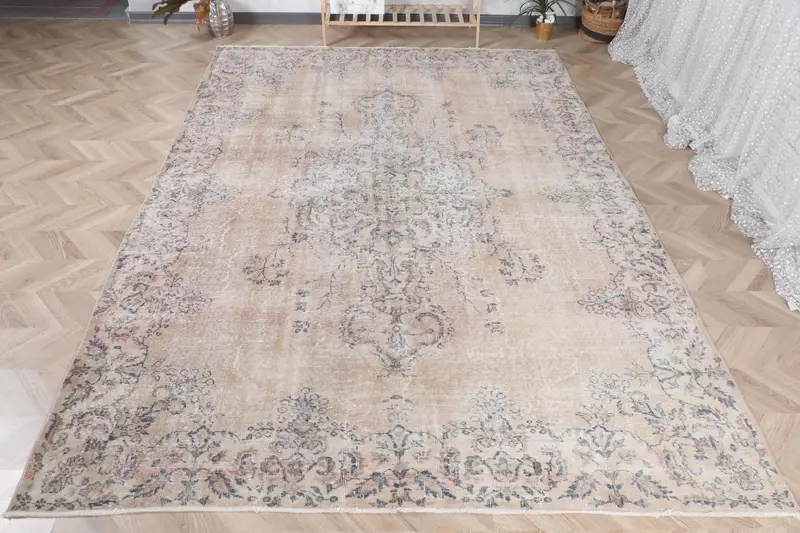 El Yapımı Bej ve Mavi İkat Halı, 0.6x10.7 ft