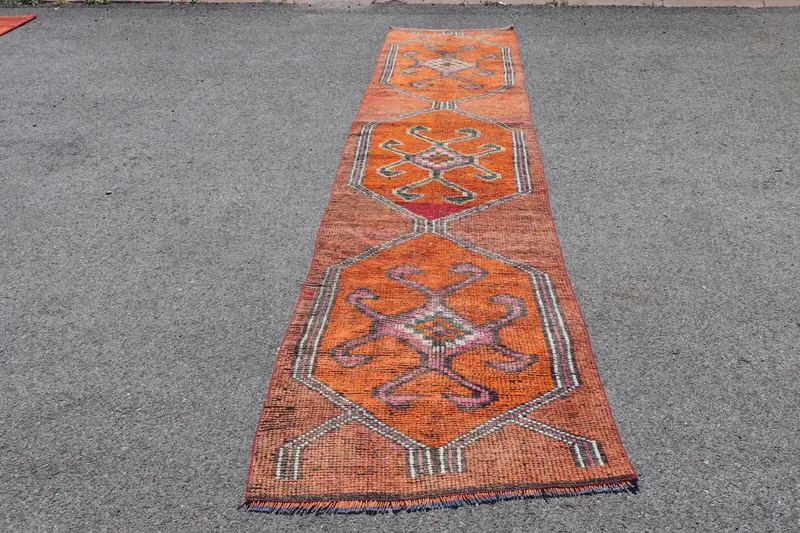 Turkish Vintage Runner Rug 3x11.3 ft (92x345 cm), Orange Oushak Rug - 1