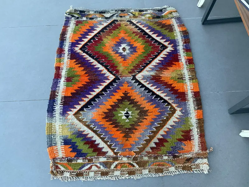 Vintage 3x3,7 ft Teppich, türkischer Kelimteppich, orangefarbener Karoteppich aus Wolle - 1