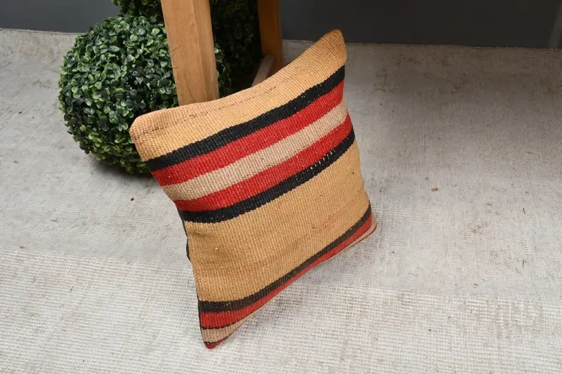12x12 Orange Pillow Sham, Boho Throw Pillow Sham, Ethnical Kilim Rug Pillow, Pillow Cover, Interior Designer Pillow, Vintage Kilim Pillow - 7