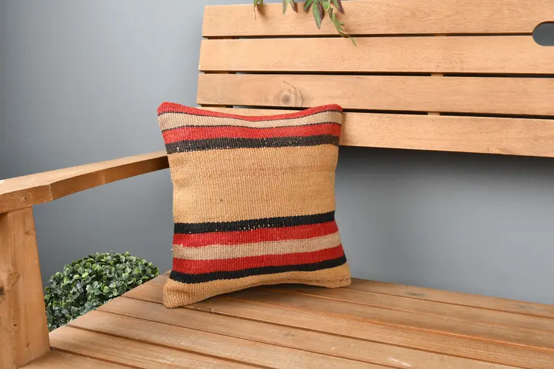 12x12 Orange Pillow Sham, Boho Throw Pillow Sham, Ethnical Kilim Rug Pillow, Pillow Cover, Interior Designer Pillow, Vintage Kilim Pillow - 1