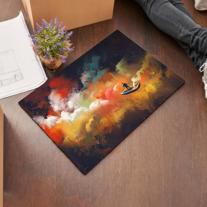 Zarif Baskılı Halı: Renkli Bulutlar ve Teknedeki Adam Tasarımı