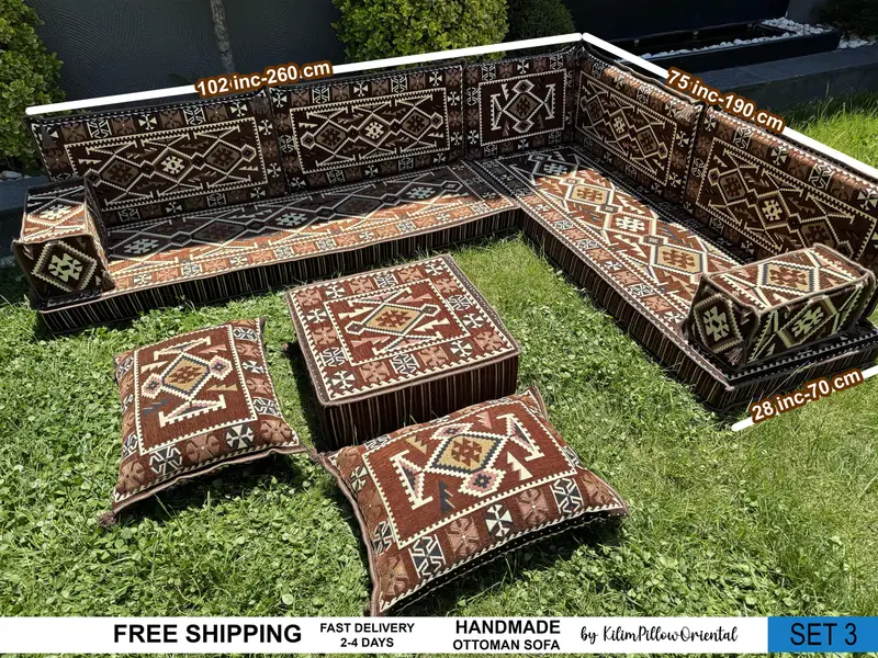 ハンドメイドキリムプーフ、ブラウン&グレーウールオットマン