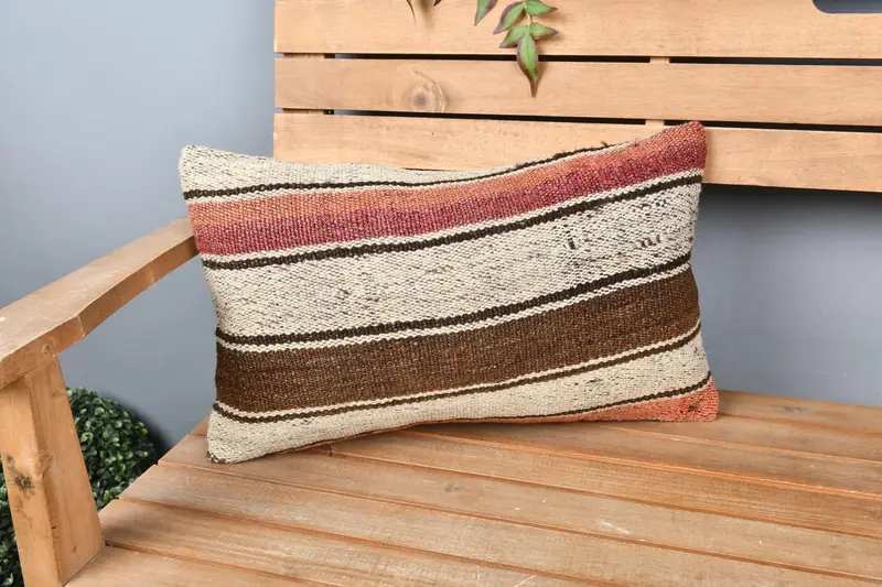 Tribal Cushion, Knitted Cushion Case, Pillow Cover, Turkish Kilim Pillow, 12x20 Beige Cushion Cover, Kilim Pillow, Ethnical Kilim Rug Pillow - 1