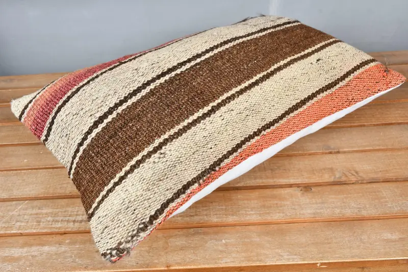 Tribal Cushion, Knitted Cushion Case, Pillow Cover, Turkish Kilim Pillow, 12x20 Beige Cushion Cover, Kilim Pillow, Ethnical Kilim Rug Pillow - 2