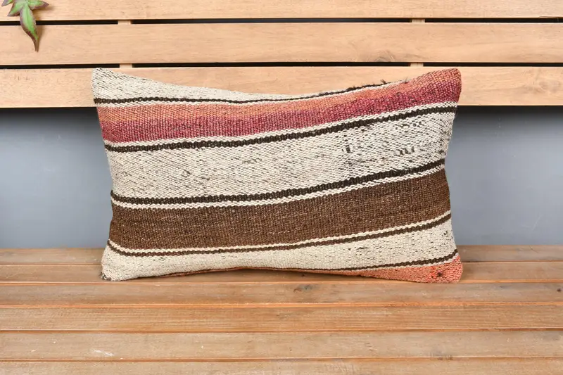 Tribal Cushion, Knitted Cushion Case, Pillow Cover, Turkish Kilim Pillow, 12x20 Beige Cushion Cover, Kilim Pillow, Ethnical Kilim Rug Pillow - 6
