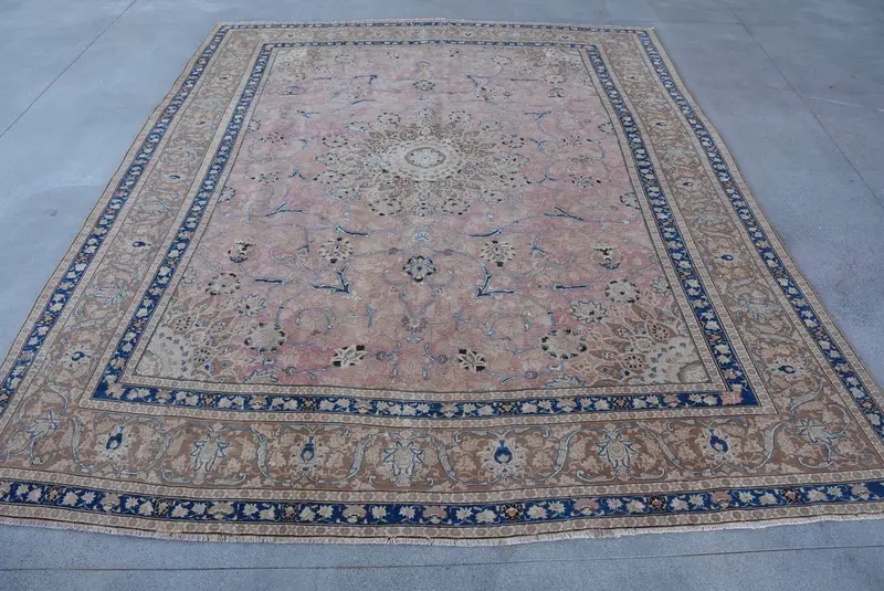 9,5x12 ft Teppich, türkischer Vintage Teppich, beige karierter Wollteppich - 1
