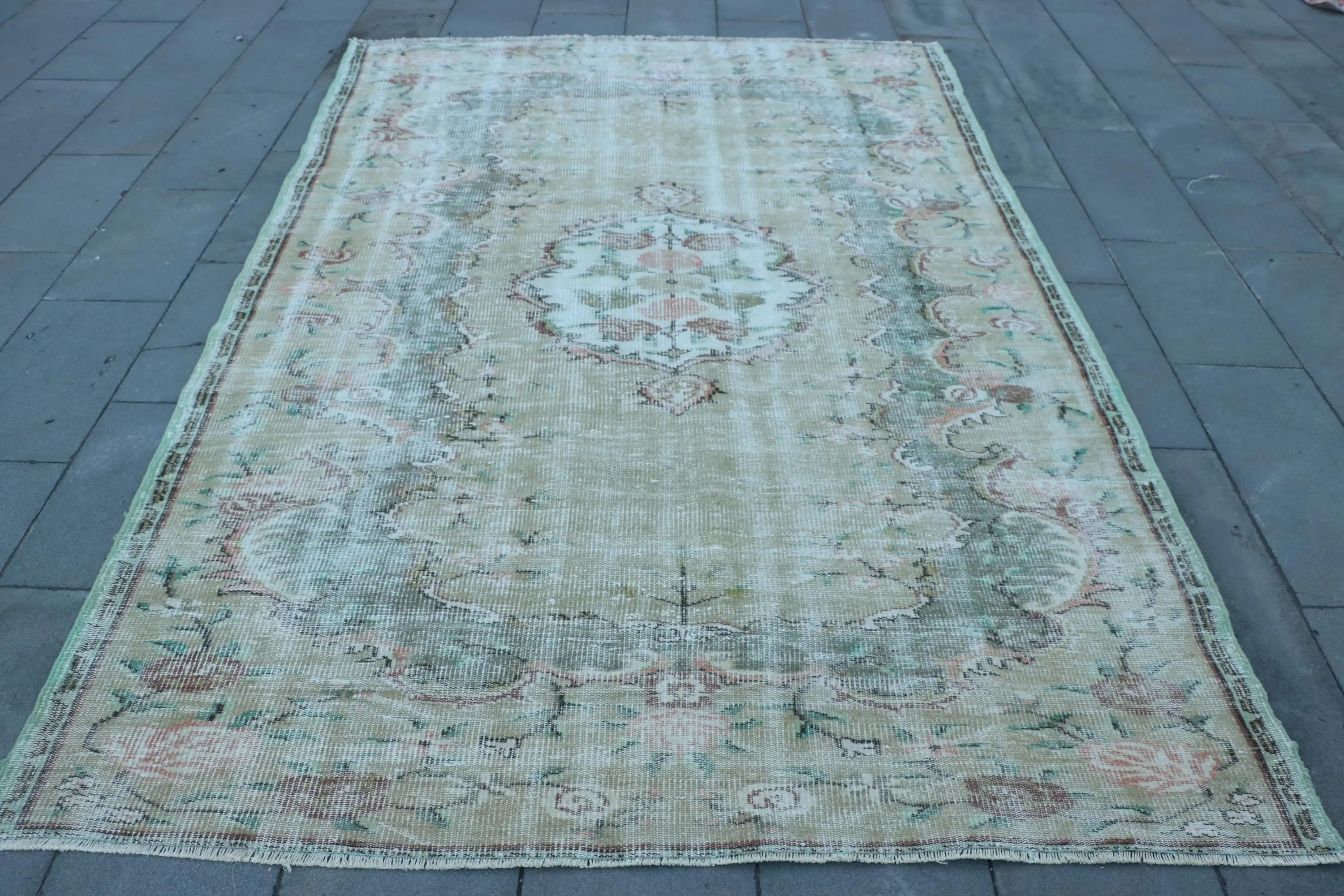 6.1x9.3 ft Vintage Büyük Halı, Yeşil Kahverengi Türk Patchwork Yün Halı - 1