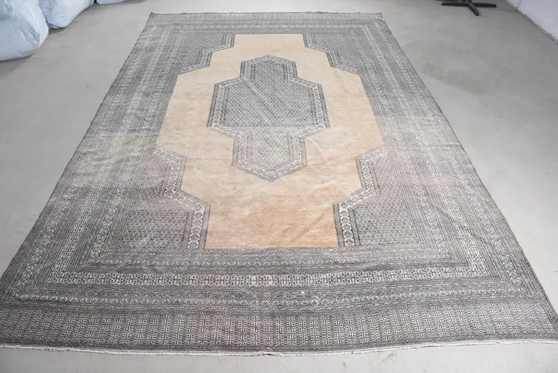 Alfombra turca vintage, alfombra Oushak de 9,1x14,1 pies, alfombra Ikat gris beige - 1