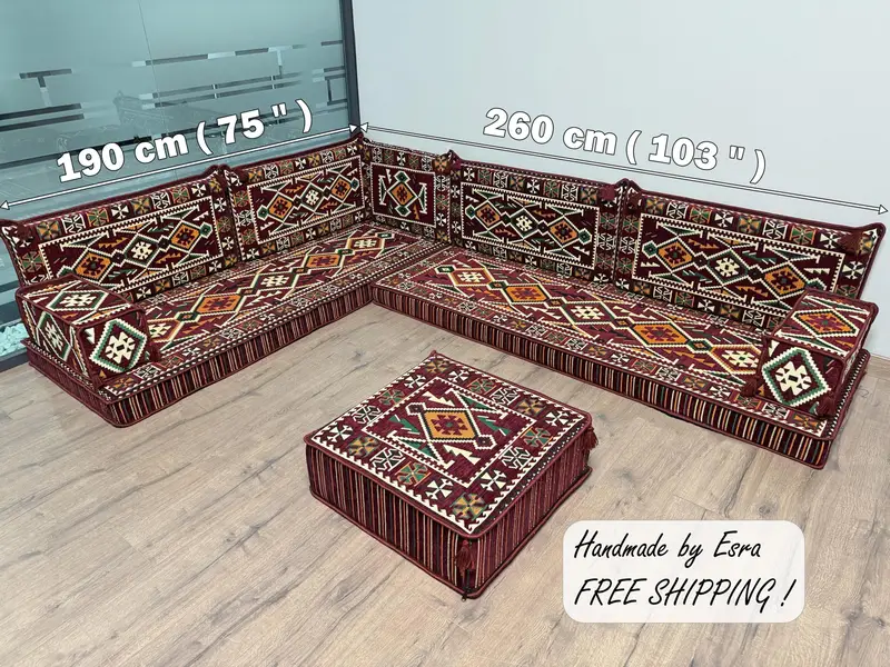 Red Southwestern Ottoman Set with Beige Wool Blend, Kilim-Inspired Ottoman