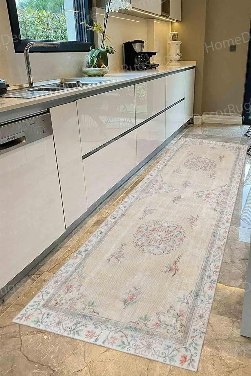 Bej Çiçek Desenli Baskılı Halı, Soft Tonlarda, Modern Tasarım