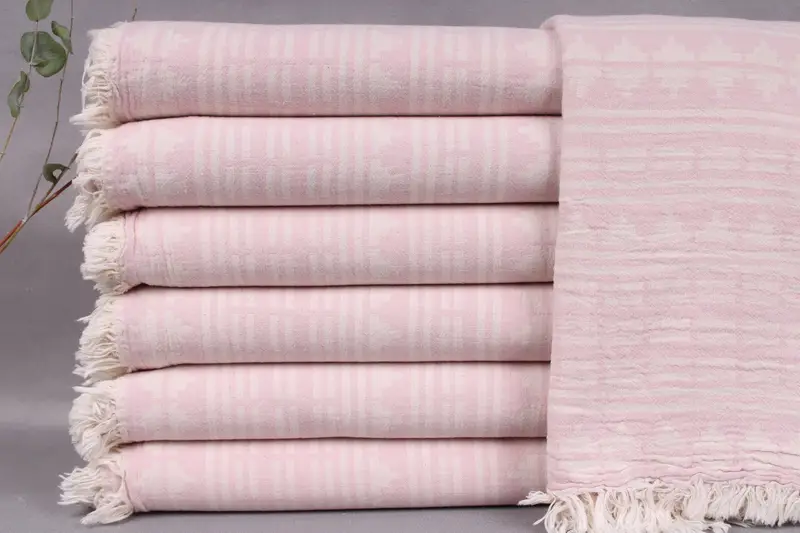 Embroidered Beach Towel Turkish Geometric Design Light Pink, Beige, 40x71 Inches