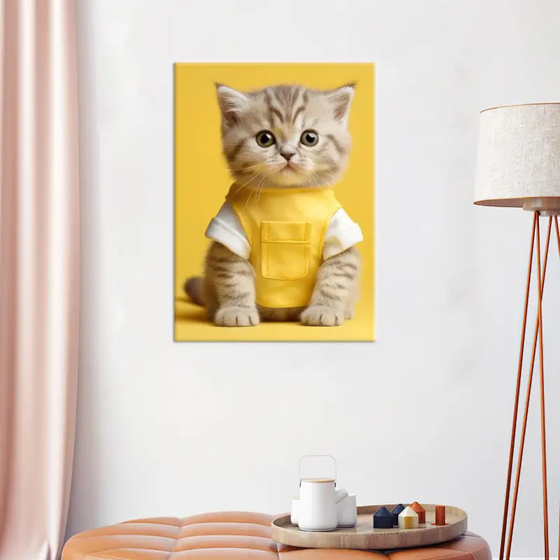 Cute Cat Canvas Art,Cat Wall Art, Kids Room Decor, Cute Animal Artwork, Baby Room Gift, Modern Gift Idea, Yellow Canvas Decor, Home Decor - 1